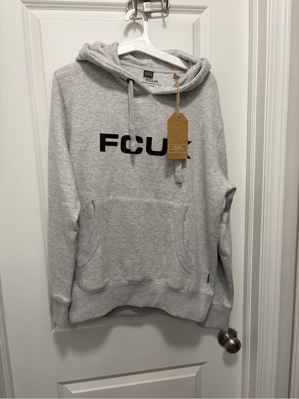 FCUK Men's Light GrayHooded Sweatshirt Hoodie Size Large NWT Tiny Spot (in Pics)